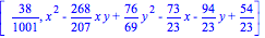 [38/1001, x^2-268/207*x*y+76/69*y^2-73/23*x-94/23*y+54/23]
